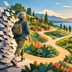 An older adult leaves a gray office landscape and follows branching paths toward community, creativity and nature.