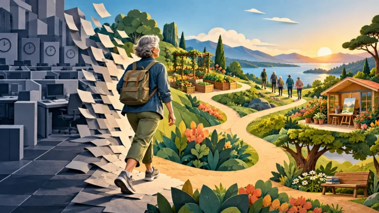 An older adult leaves a gray office landscape and follows branching paths toward community, creativity and nature.