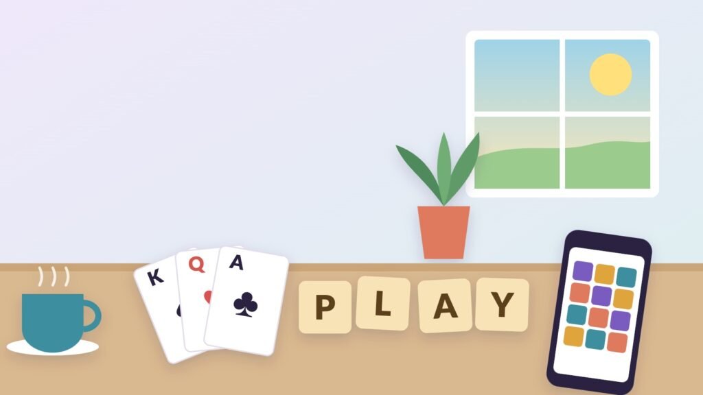 A sunny table with a cup of coffee, a fan of playing cards, wooden letter tiles spelling PLAY and a phone showing a colorful tile puzzle, with a window and a plant behind.