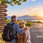 Pareja de espaldas en un camino junto al mar al atardecer, al lado de un poste con letreros: planear, ahorrar, invertir, impuestos, Seguro Social, Medicare y disfrutar