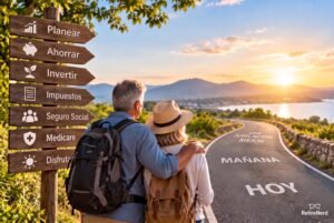 Pareja de espaldas en un camino junto al mar al atardecer, al lado de un poste con letreros: planear, ahorrar, invertir, impuestos, Seguro Social, Medicare y disfrutar