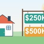 Una casa junto a un letrero con dos etiquetas grandes que dicen $250K y $500K, una llave de la casa y una marca de verificación verde.