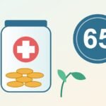 Un frasco con una cruz médica y monedas de oro junto a una insignia grande con el número 65, una marca de verificación verde y una pequeña planta que crece.