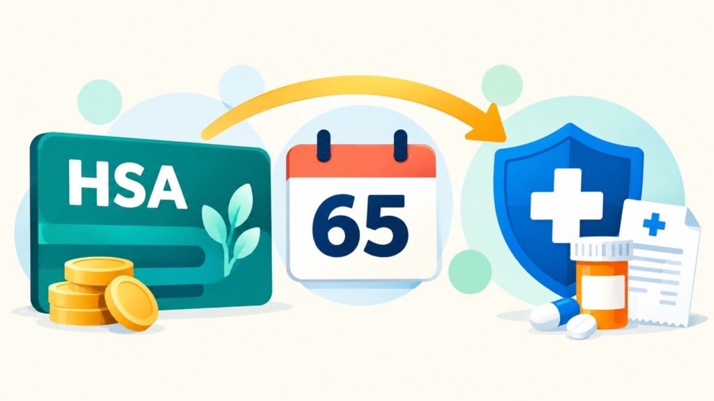 Una tarjeta HSA con monedas y una hoja, una flecha sobre un calendario con el número 65 que lleva a un escudo azul con una cruz médica, un frasco de pastillas y un recibo.