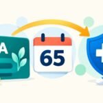 Una tarjeta HSA con monedas y una hoja, una flecha sobre un calendario con el número 65 que lleva a un escudo azul con una cruz médica, un frasco de pastillas y un recibo.