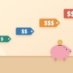 A warm illustration of four price tags climbing like stairs from one dollar sign to four, above a grocery bag and a pink piggy bank with a gold coin.
