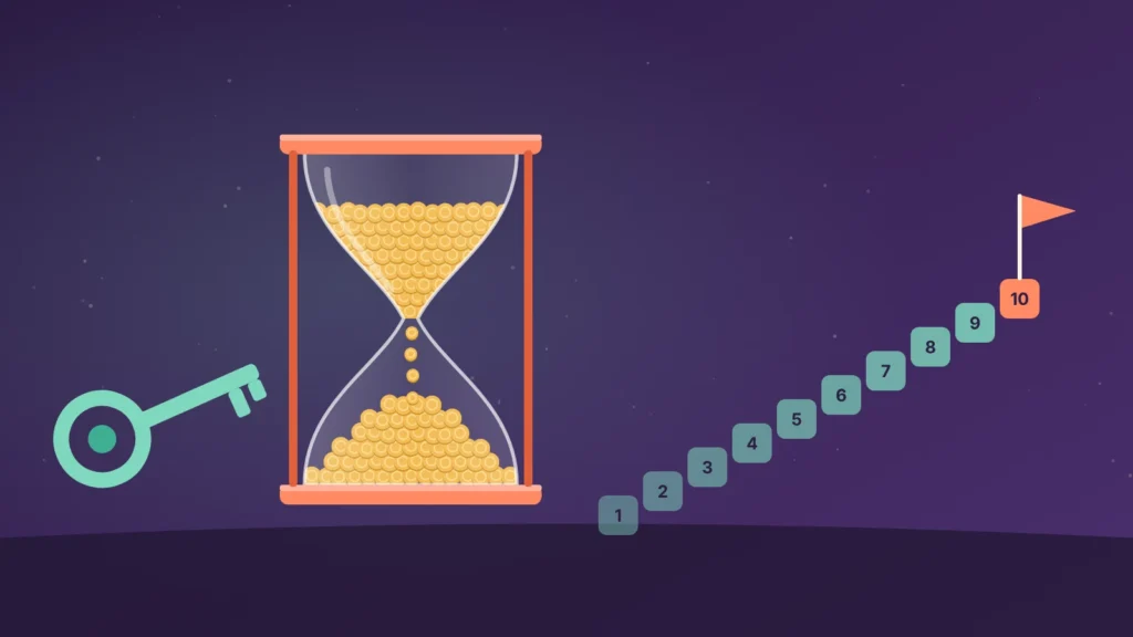 An hourglass filled with gold coins drains from top to bottom beside an antique key, while ten numbered steps rise to a flag on step ten.