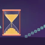 An hourglass filled with gold coins drains from top to bottom beside an antique key, while ten numbered steps rise to a flag on step ten.