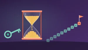 An hourglass filled with gold coins drains from top to bottom beside an antique key, while ten numbered steps rise to a flag on step ten.