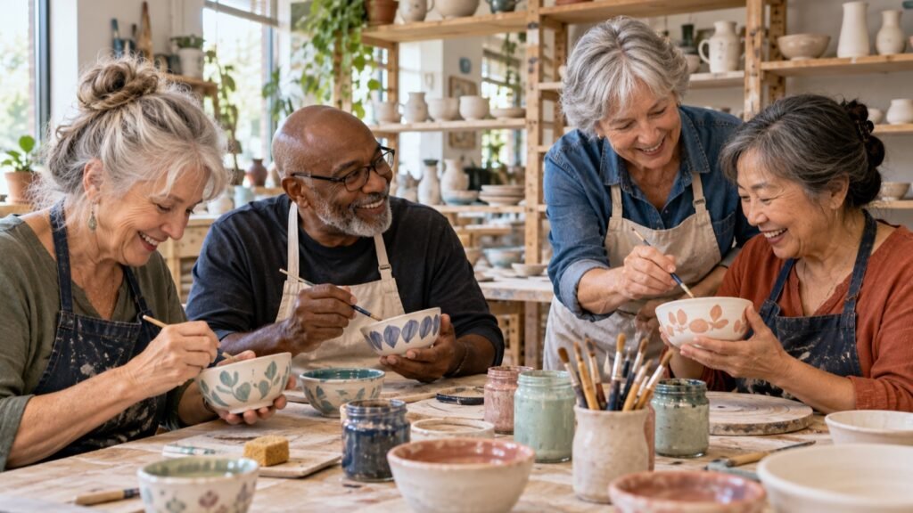 Four older adults building friendships while painting pottery together