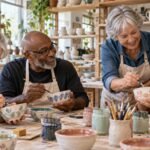 Four older adults building friendships while painting pottery together