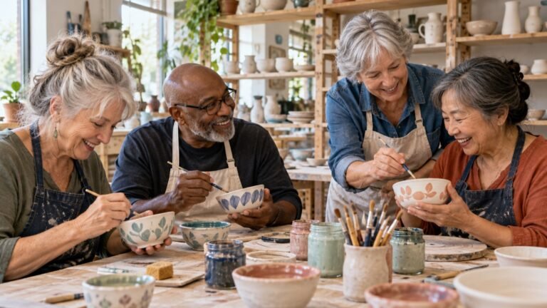 Four older adults building friendships while painting pottery together