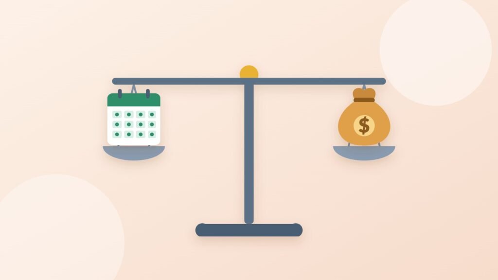 A balance scale holding a calendar of monthly check marks on one side and a bag of money with a dollar sign on the other.