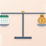 A balance scale holding a calendar of monthly check marks on one side and a bag of money with a dollar sign on the other.