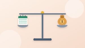 A balance scale holding a calendar of monthly check marks on one side and a bag of money with a dollar sign on the other.