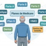 Hombre de espaldas frente a un mapa de los planes de Medicare: Partes A, B, C y D, Medigap, planes G y N, HMO, PPO, dental, visión y gastos de bolsillo