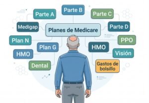 Hombre de espaldas frente a un mapa de los planes de Medicare: Partes A, B, C y D, Medigap, planes G y N, HMO, PPO, dental, visión y gastos de bolsillo
