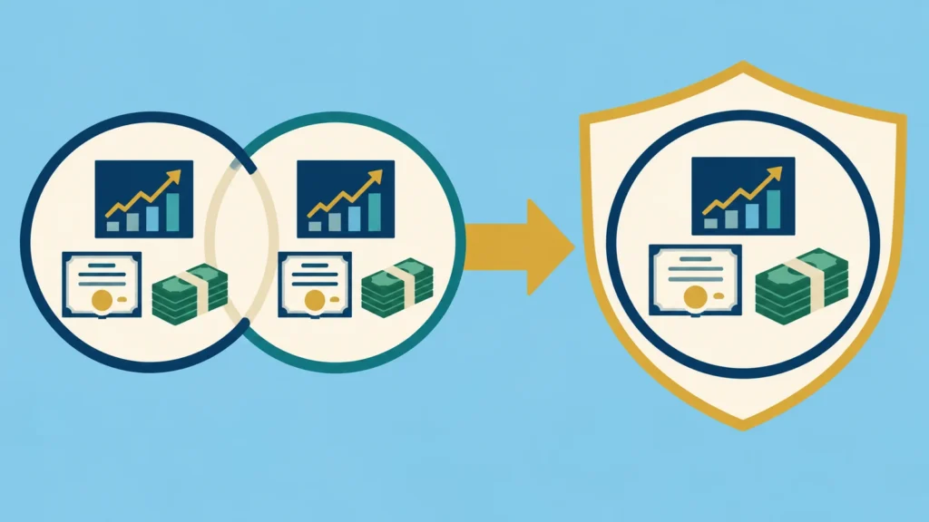 Two household portfolios become one protected survivor portfolio containing stocks, bonds and cash.