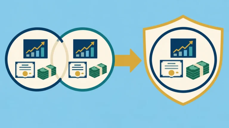 Two household portfolios become one protected survivor portfolio containing stocks, bonds and cash.
