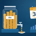 A glass jar of gold coins labeled IRA with a tap releasing coins into a dish, beside a calendar marked December 31 and bars that rise step by step.