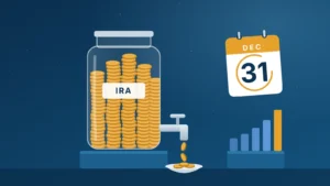 A glass jar of gold coins labeled IRA with a tap releasing coins into a dish, beside a calendar marked December 31 and bars that rise step by step.