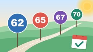 Camino soleado entre colinas verdes con señales de las edades 62, 65, 67 y 70, y una hoja de calendario con una marca verde