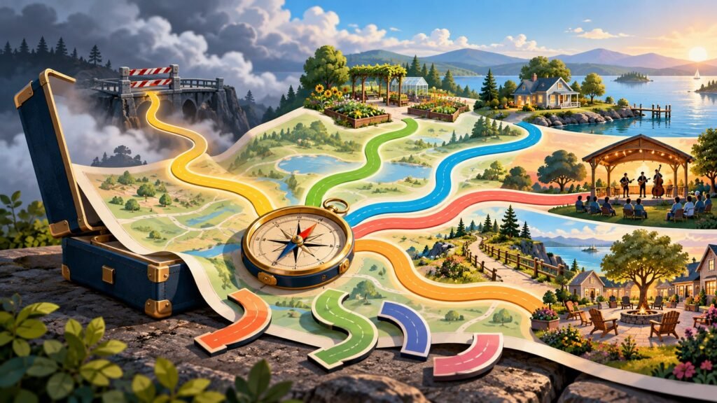 A planned route reaches a closed bridge while new colorful paths cross a map toward community, nature, music, home and exploration.
