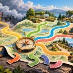 A planned route reaches a closed bridge while new colorful paths cross a map toward community, nature, music, home and exploration.