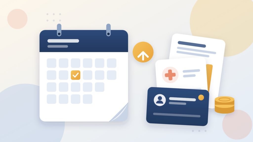 Illustration of a wall calendar with one day checked, an upward arrow, and a stack of cards for Social Security, health coverage and taxes beside a small pile of coins.