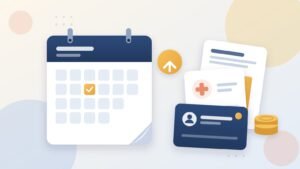 Illustration of a wall calendar with one day checked, an upward arrow, and a stack of cards for Social Security, health coverage and taxes beside a small pile of coins.