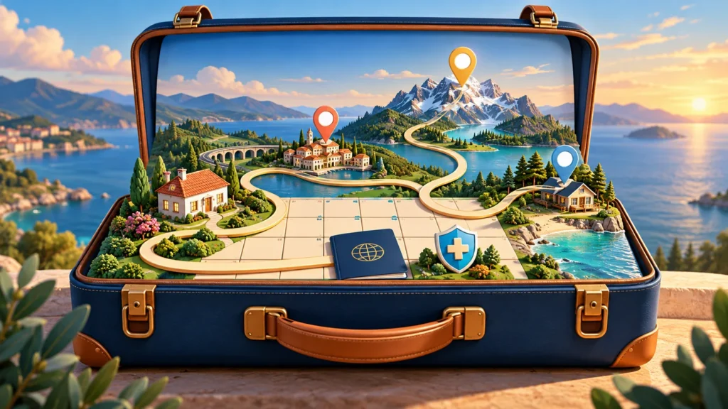 An open travel case becomes a planning landscape, with routes connecting a home, regional destinations, a milestone journey and medical protection.