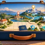 An open travel case becomes a planning landscape, with routes connecting a home, regional destinations, a milestone journey and medical protection.