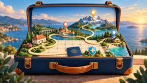 An open travel case becomes a planning landscape, with routes connecting a home, regional destinations, a milestone journey and medical protection.