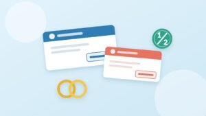 Two benefit payment cards, a larger blue one and a smaller coral one, with two linked gold rings and a green one-half badge on a light blue background.