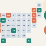 Tile map of the 50 states and DC: nine states with no income tax in teal, eight states that tax Social Security in coral, with the numbers 9 and 8.