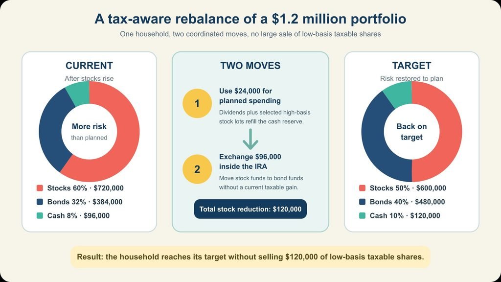 Cash flows, retirement-account trades, tax-lot review and a selected sale form a tax-aware rebalancing sequence. 