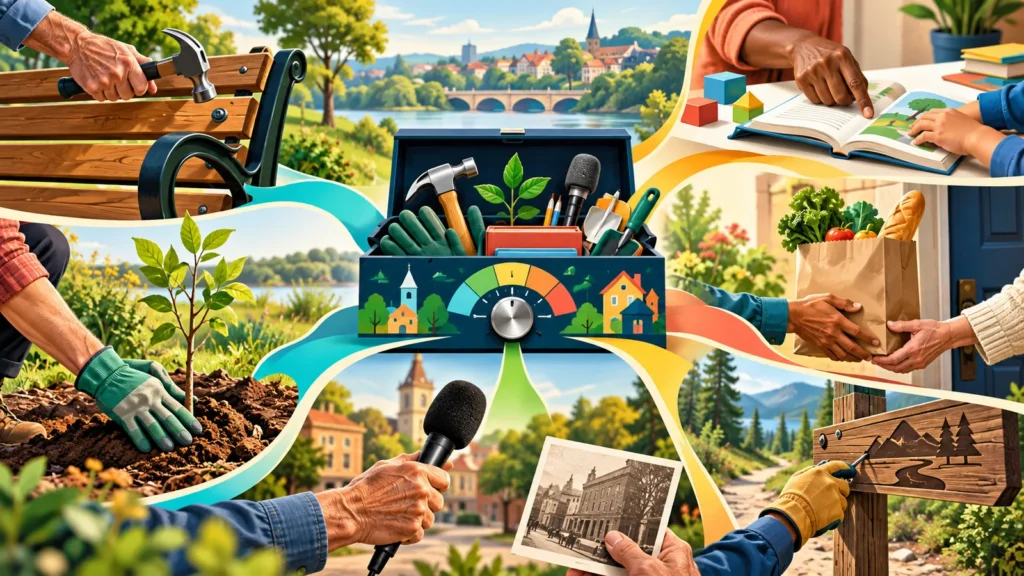 A community toolbox with an adjustable commitment dial connects mentoring, food delivery, park repair, tree planting, local history and trail restoration.