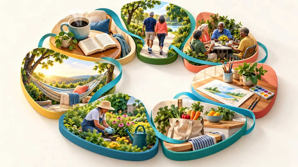 Seven connected activity spaces represent reading, walking, friendship, creativity, errands, gardening and rest in a balanced retirement week.