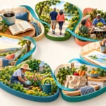 Seven connected activity spaces represent reading, walking, friendship, creativity, errands, gardening and rest in a balanced retirement week.